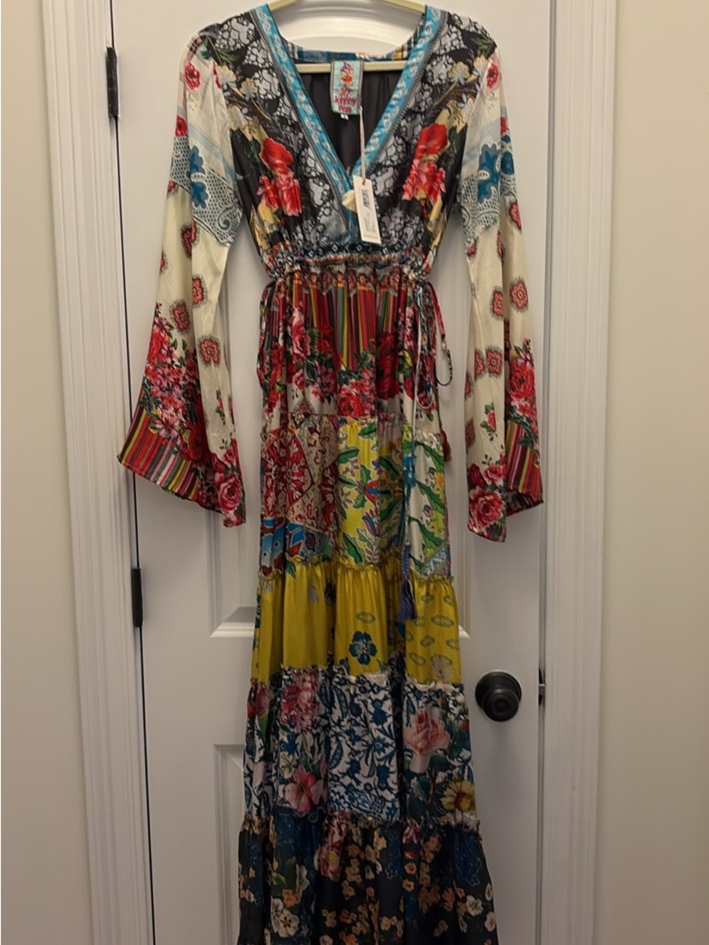 Johnny Was Multicolor Patchwork Maxi Dress with Turquoise Trim - Picture 9 of 15